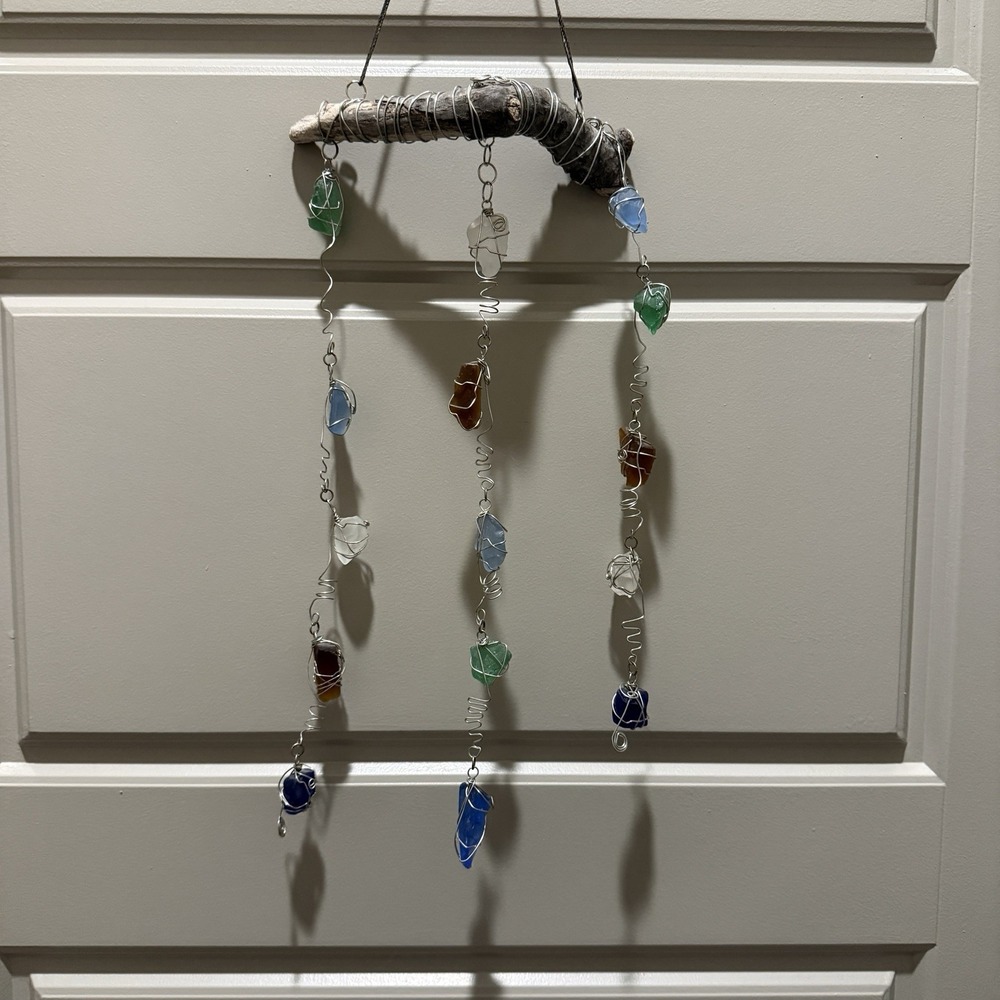 Handmade Driftwood & Sea Glass Wall Hanging Mobile Coastal Beach Decor Boho 16"